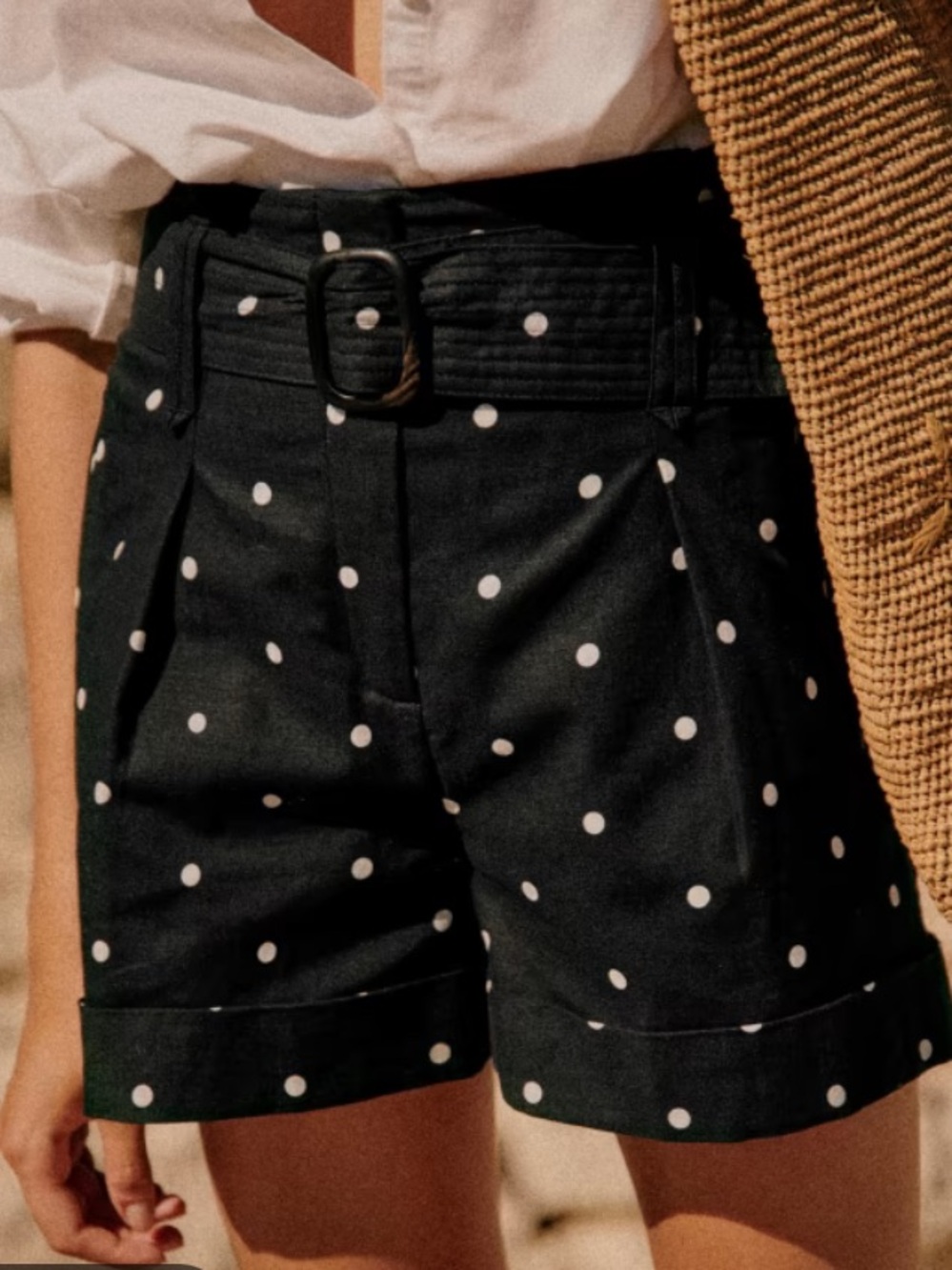 Sezane Rome Shorts Black White Polka Dot Linen Cotton Belt FR 38 US 6 Pleated